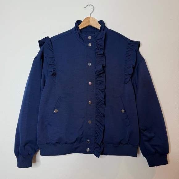 Maeve Anthropologie Ruffle Snap Front Funnel Neck Navy Blue Bomber Jacket small - Picture 3 of 12